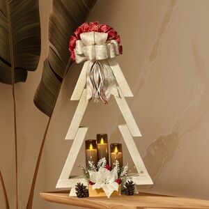29” White Wood Christmas Tree w/Gold Glitter, Candles w/remote, floral & bow.